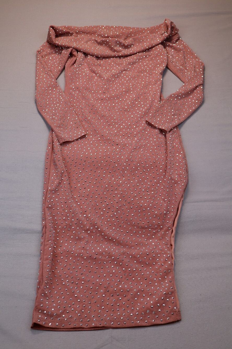 NEW Symphony Coral Studded Glitter Off The Shoulder Long Sleeve Midi Dress M